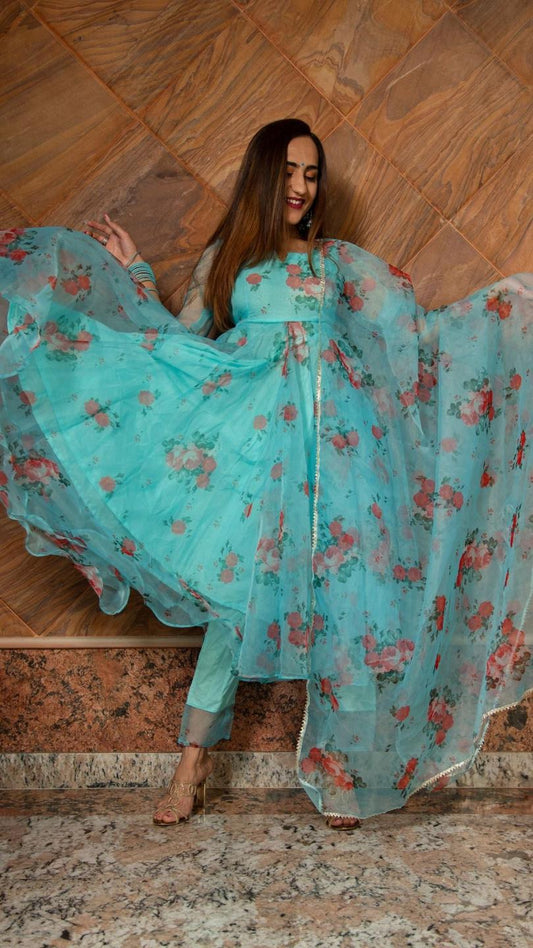 blue-and-red-floral-organza-anarkali-set-11403041BL, Women Indian Ethnic Clothing, Cotton Kurta Set Dupatta