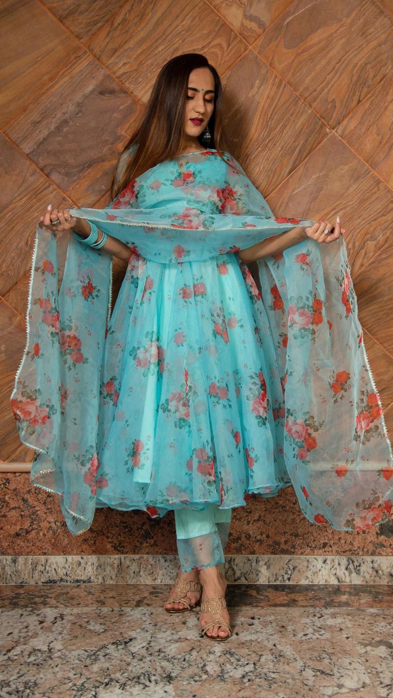 blue-and-red-floral-organza-anarkali-set-11403041BL, Women Indian Ethnic Clothing, Cotton Kurta Set Dupatta