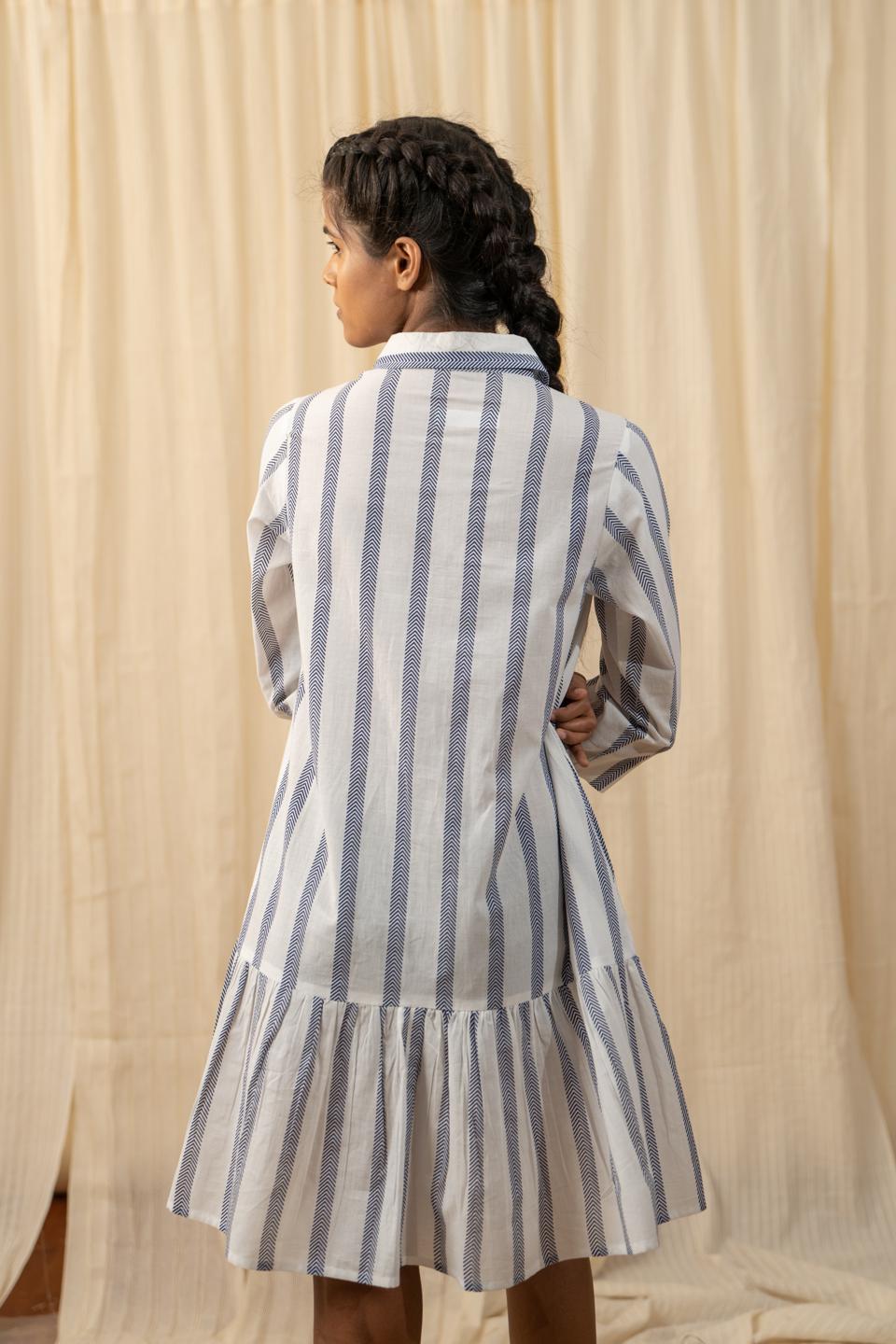 blue-and-white-stripe-shirt-dress-11804005WH, Women Clothing, Cotton Dress