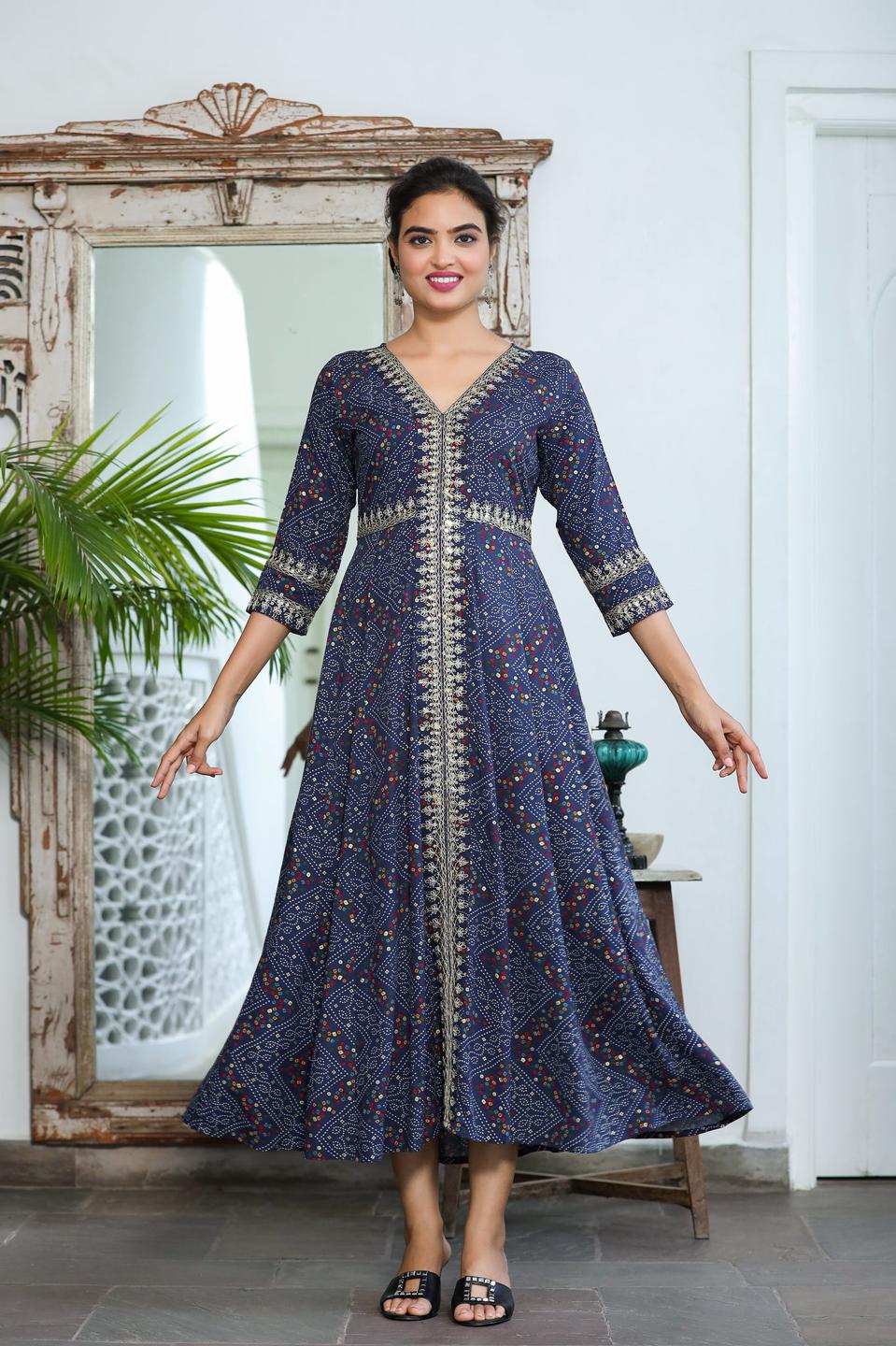 blue-bandhani-embroidered-dress-10104035BL, Women Clothing, Rayon Dress