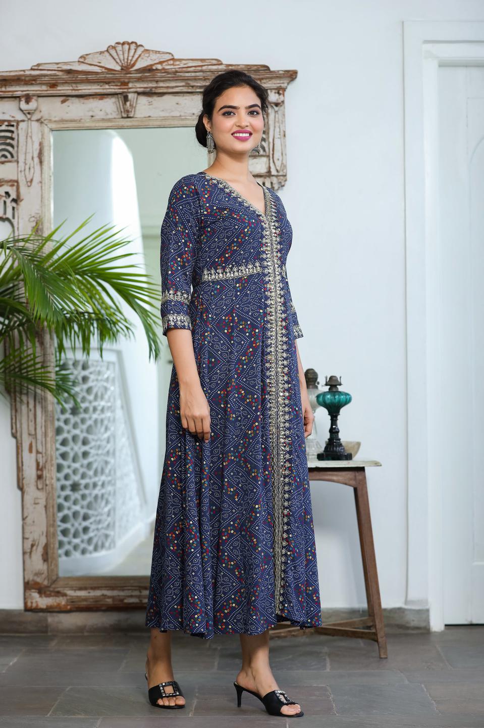 blue-bandhani-embroidered-dress-10104035BL, Women Clothing, Rayon Dress