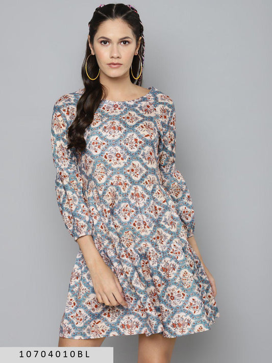 blue-beige-floral-tiered-skater-dress-10704010BL, Women Clothing, Poly Rayon Dress
