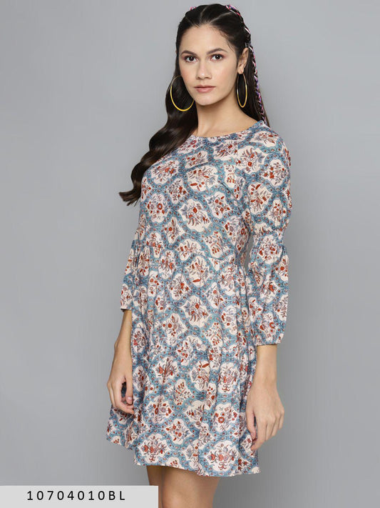 blue-beige-floral-tiered-skater-dress-10704010BL, Women Clothing, Poly Rayon Dress