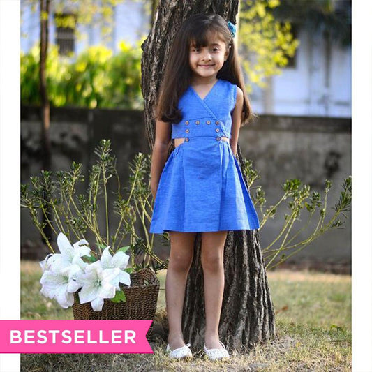 blue-button-applique-sleeveless-dress-10510036BL, Kids Clothing, Linen Girl Dress