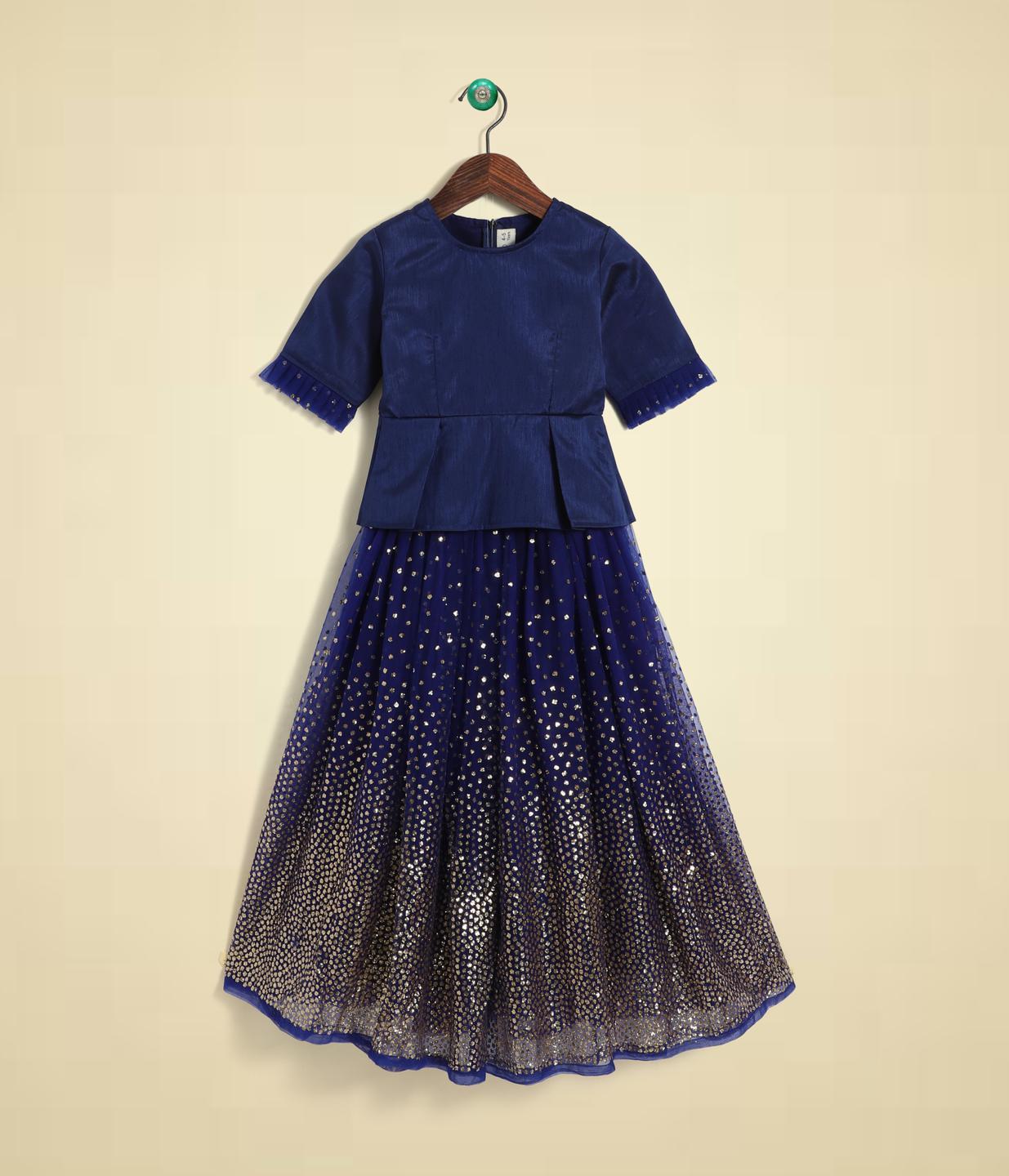 blue-elbow-sleeves-solid-sequin-blouse-and-lehenga-set-10509011BL, Kids Clothing, Silk,Cotton Girl Lehenga Set