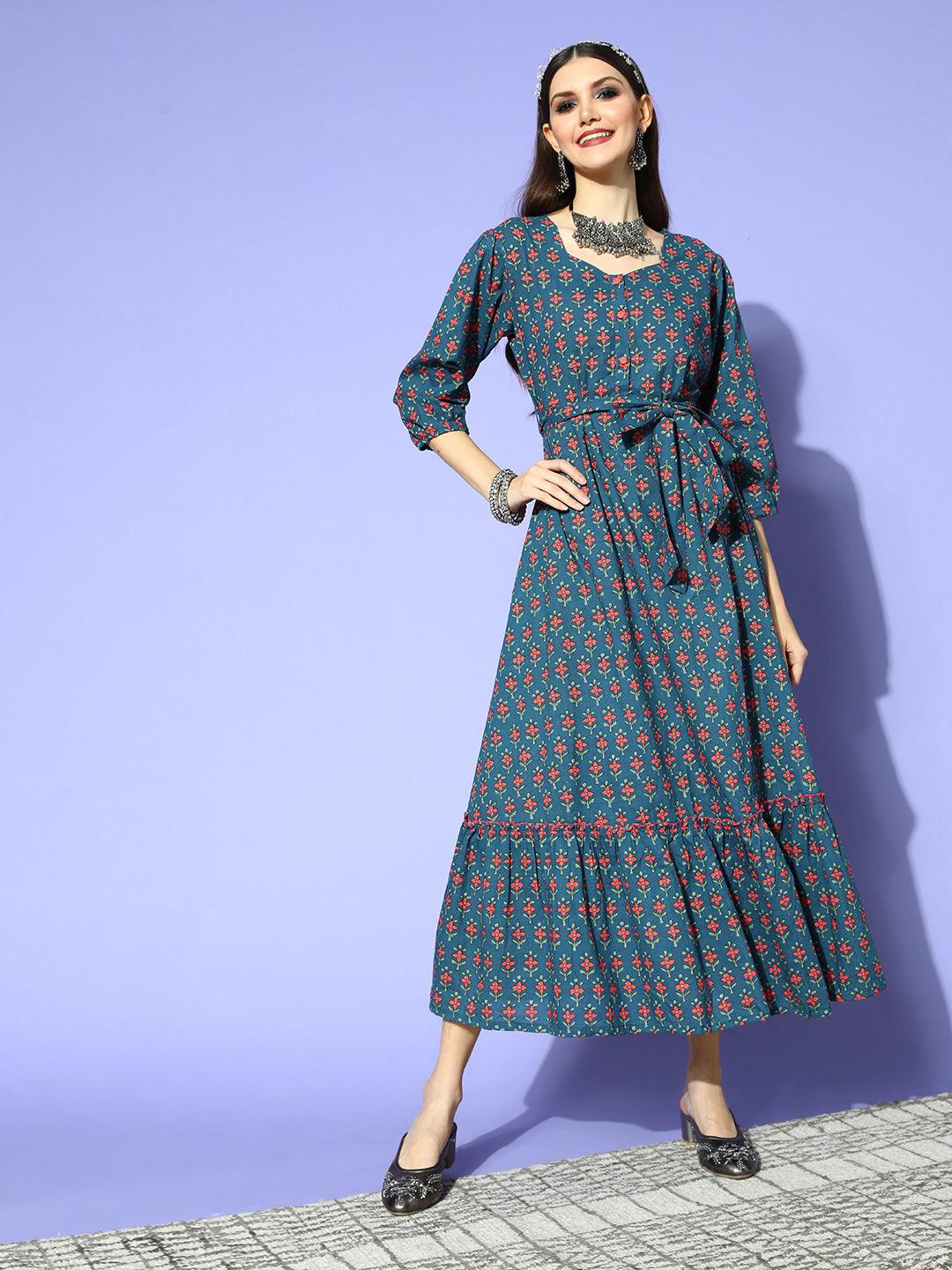 blue-ethnic-cotton-dress-10104160BL, Women Clothing, Cotton Dresses