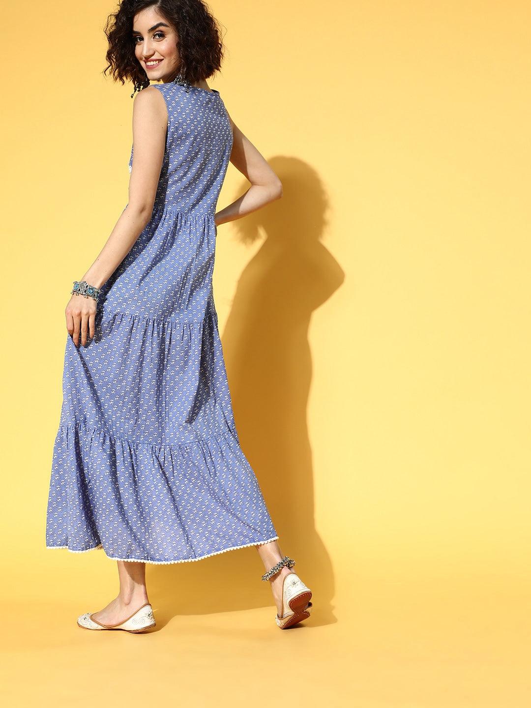 blue-ethnic-printed-dress-10104103BL, Women Clothing, Cotton Dress
