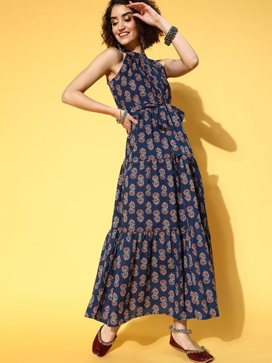 blue-ethnic-printed-dress-10104105BL, Women Clothing, Cotton Dress