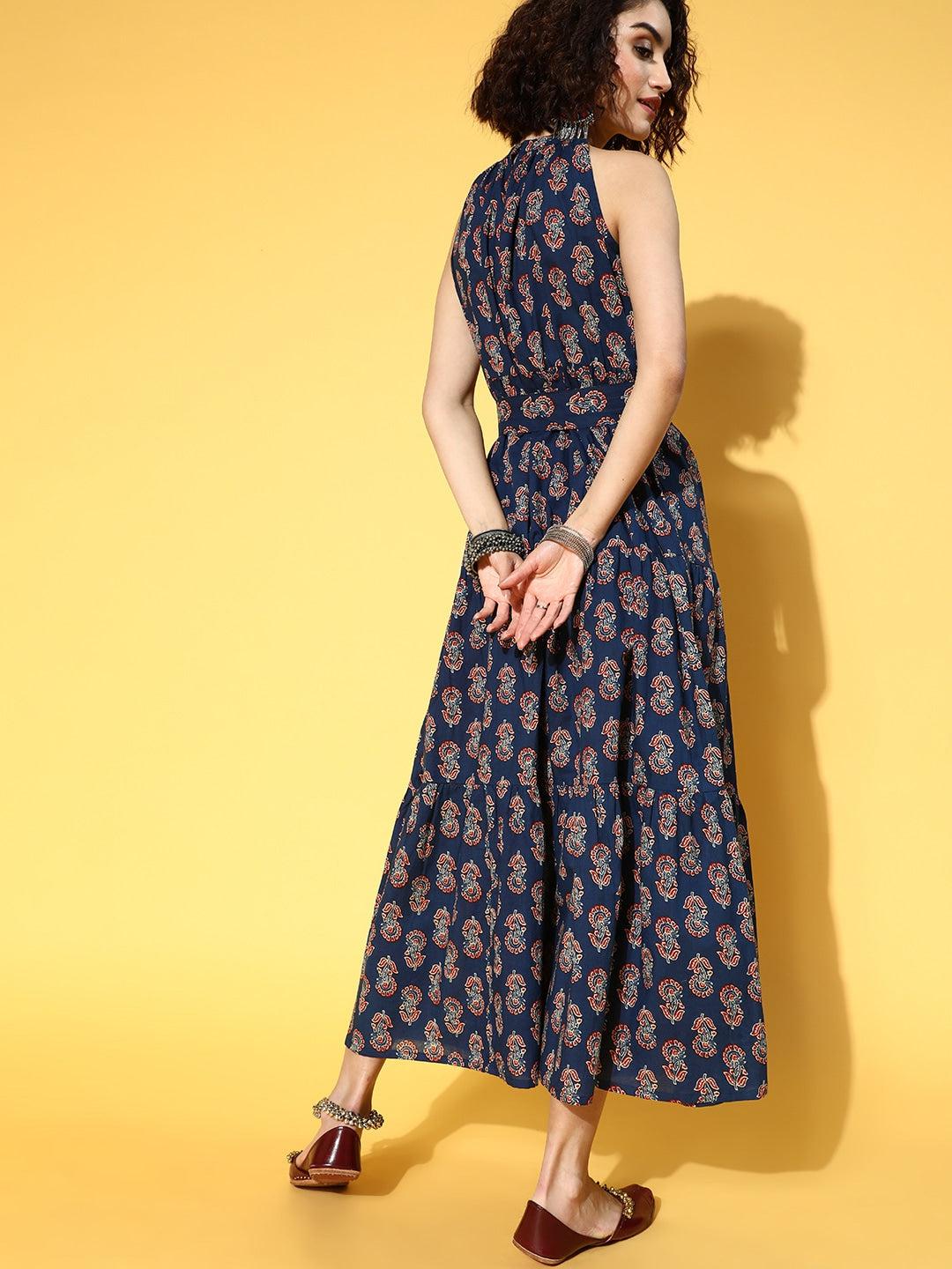 blue-ethnic-printed-dress-10104105BL, Women Clothing, Cotton Dress