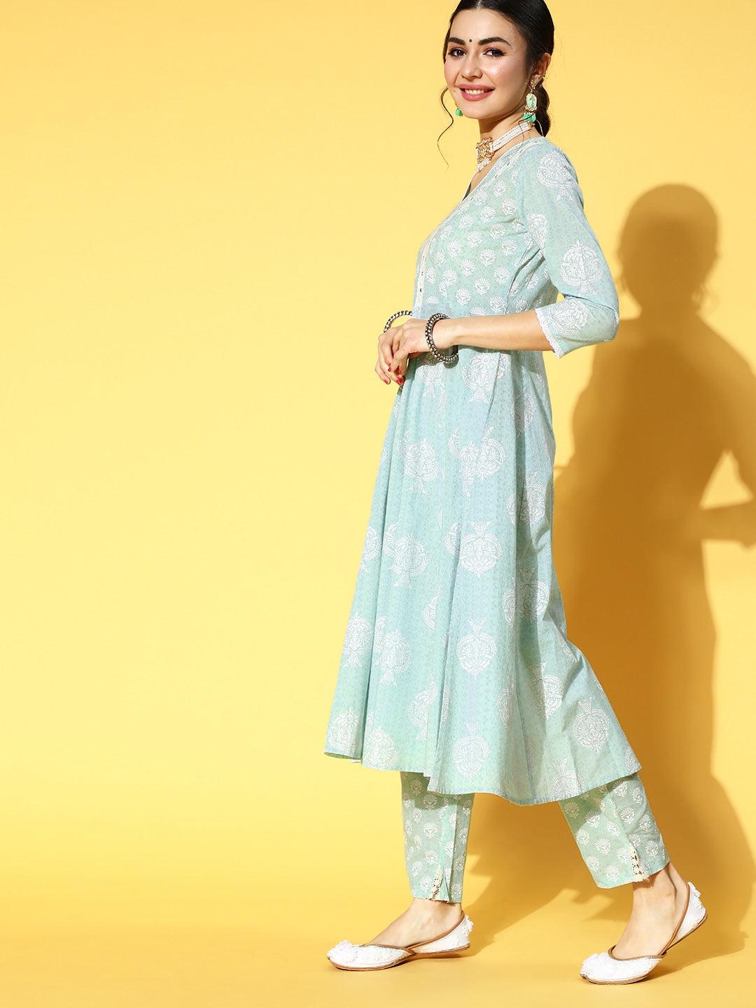 blue-ethnic-printed-dupatta-set-10103126BL, Women Indian Ethnic Clothing, Cotton Kurta Set Dupatta