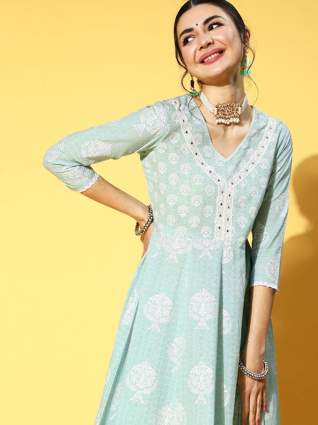 blue-ethnic-printed-dupatta-set-10103126BL, Women Indian Ethnic Clothing, Cotton Kurta Set Dupatta