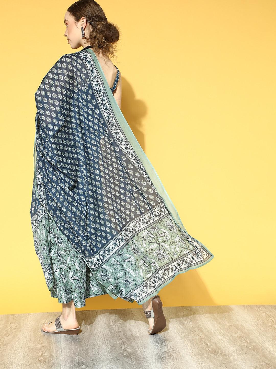 blue-ethnic-printed-sharara-set-10103116BL, Women Indian Ethnic Clothing, Cotton Kurta Set Dupatta