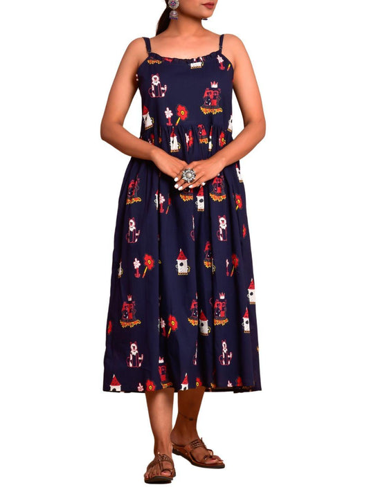 blue-fairy-tale-dress-10904011BL, Women Clothing, Cotton Dress, Cotton Blue Fairy Tale Print Hem Shoulder Straps Sleeveless Dress