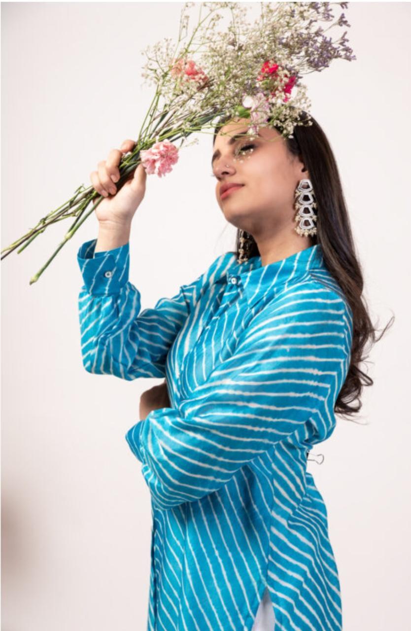 blue-lehriya-with-pants-11602041BL, Women Indian Ethnic Clothing, Cotton Silk Kurta Set