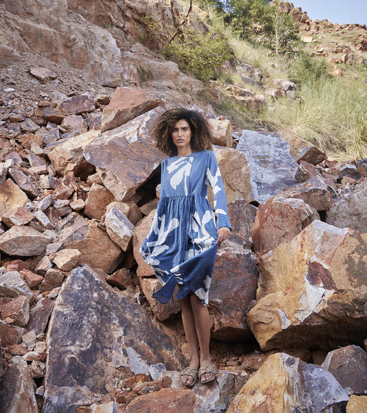 blue-off-white-printed-dress-11904002BL, Women Clothing, Cotton Dress