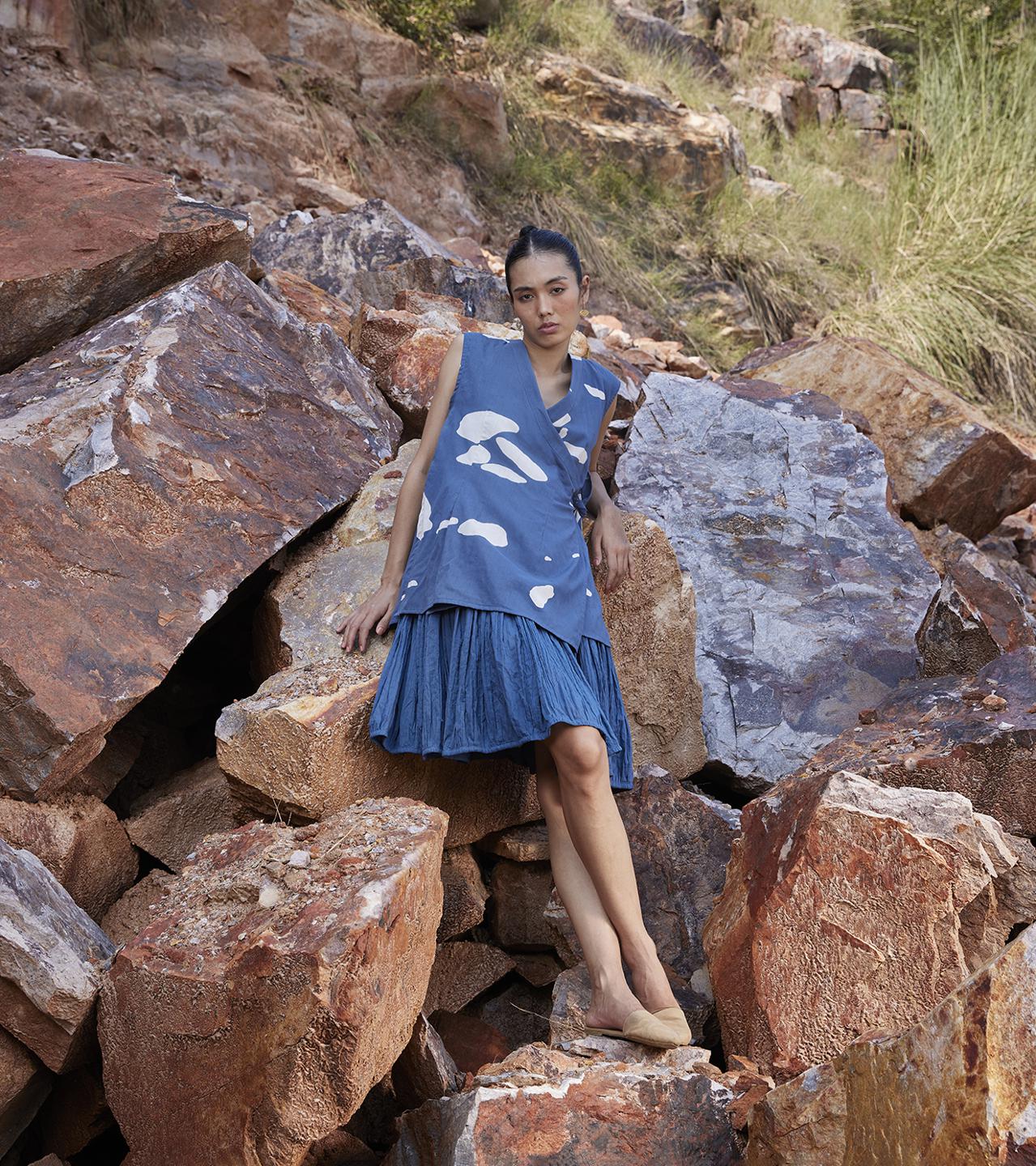 blue-off-white-printed-jacket-dress-co-ord-set-11940001BL, Women Clothing, Cotton Matching Set