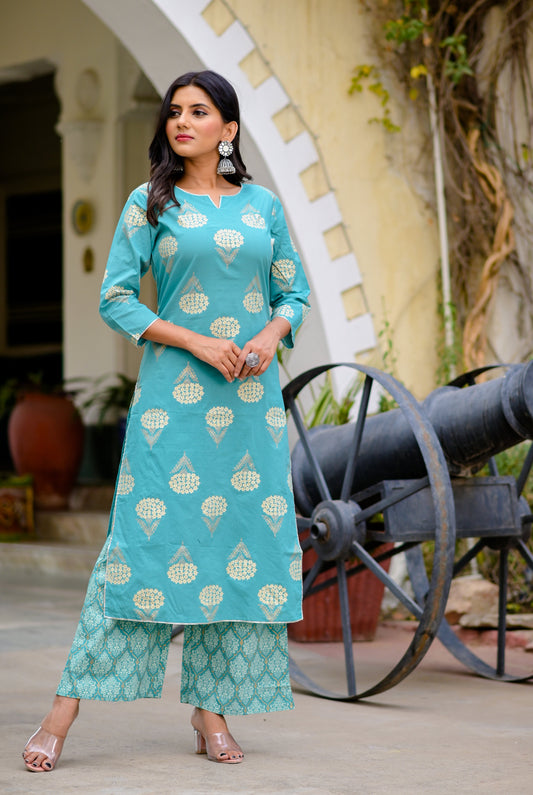 blue-off-white-printed-kurta-set-10102017BL, Women Indian Ethnic Clothing, Cotton Kurta Set