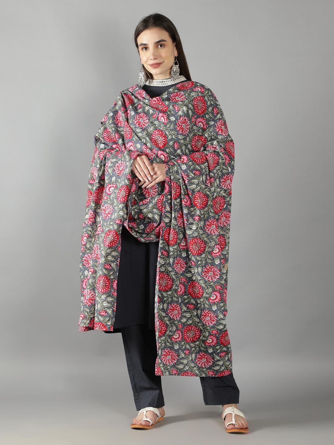 blue-pansy-high-neck-lace-detailing-kurta-set-with-handblock-floral-print-dupatta-11703134BL, Women Indian Ethnic Clothing, Cotton Kurta Set Dupatta