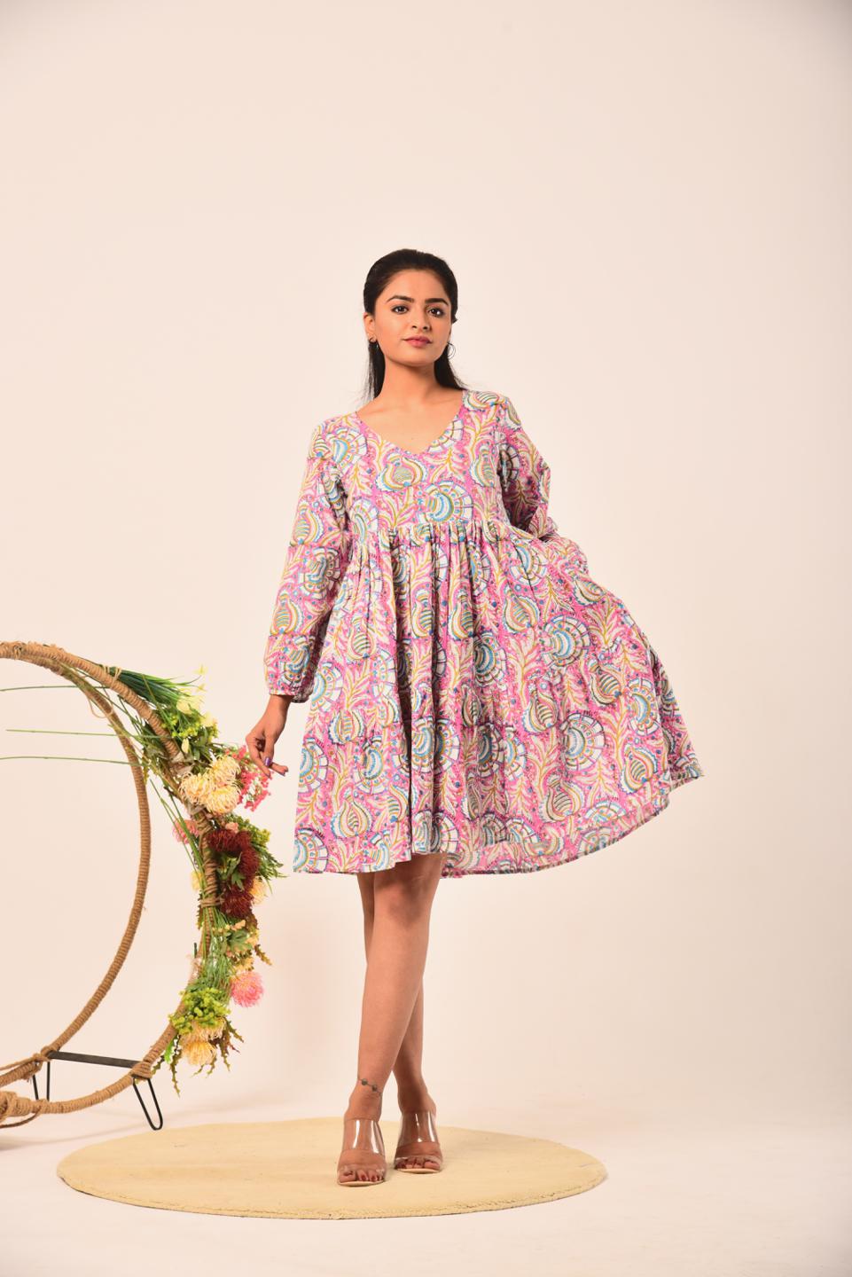 multi-color-block-print-short-dress-10904048ML, Women Clothing, Cotton Dress, Cotton Multi Color Floral Hand Block Print Short Dress 