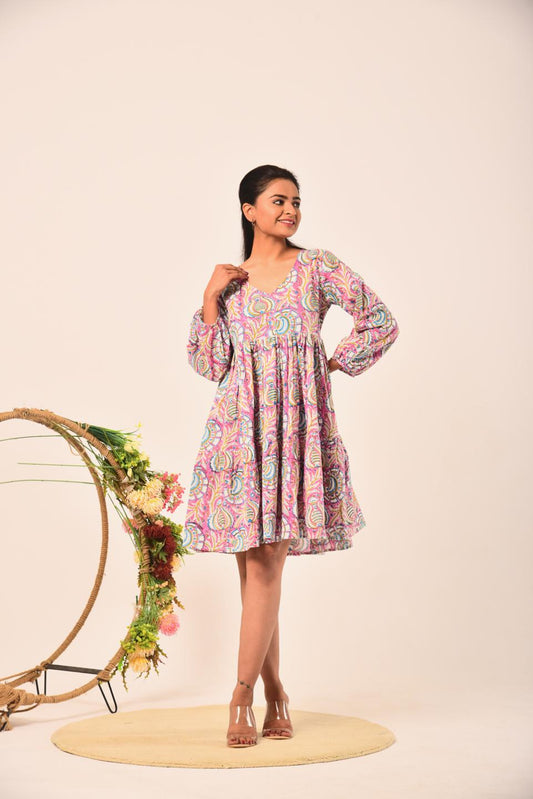 multi-color-block-print-short-dress-10904048ML, Women Clothing, Cotton Dress, Cotton Multi Color Floral Hand Block Print Short Dress