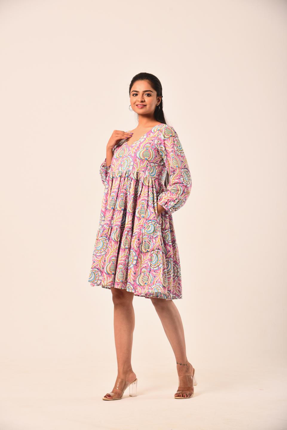 multi-color-block-print-short-dress-10904048ML, Women Clothing, Cotton Dress, Cotton Multi Color Floral Hand Block Print Short Dress 