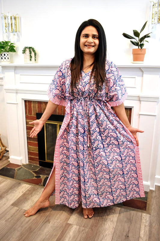 Blue Pink HandBlock Long Caftan