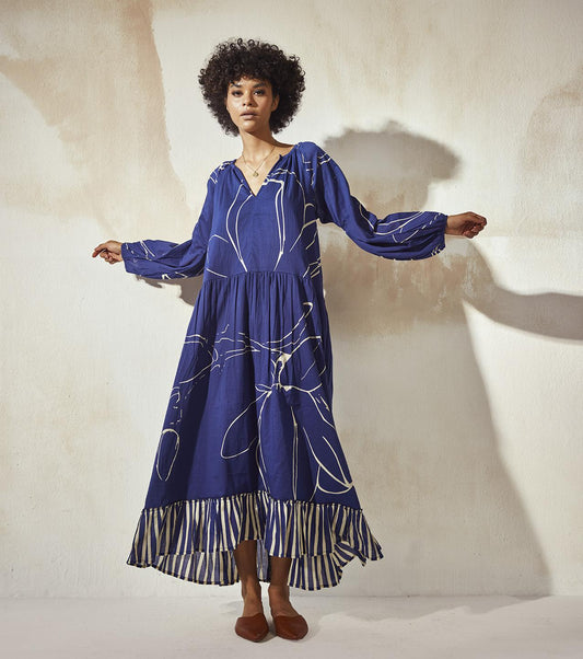blue-printed-anti-fit-mulmul-dress-11904086BL, Women Clothing, Mulmul Dress
