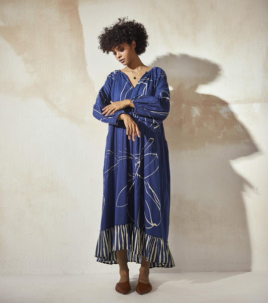 blue-printed-anti-fit-mulmul-dress-11904086BL, Women Clothing, Mulmul Dress