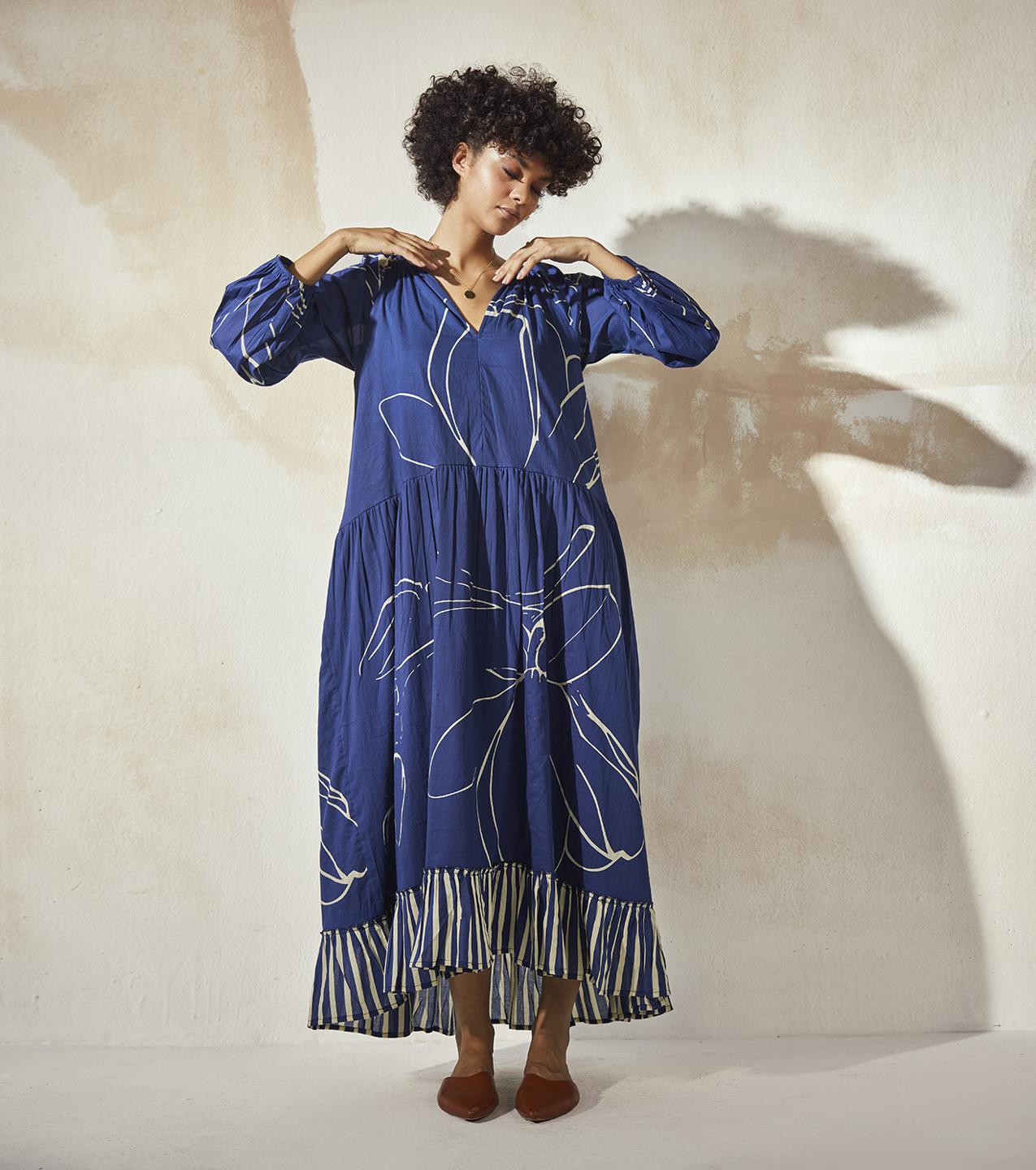 blue-printed-anti-fit-mulmul-dress-11904086BL, Women Clothing, Mulmul Dress