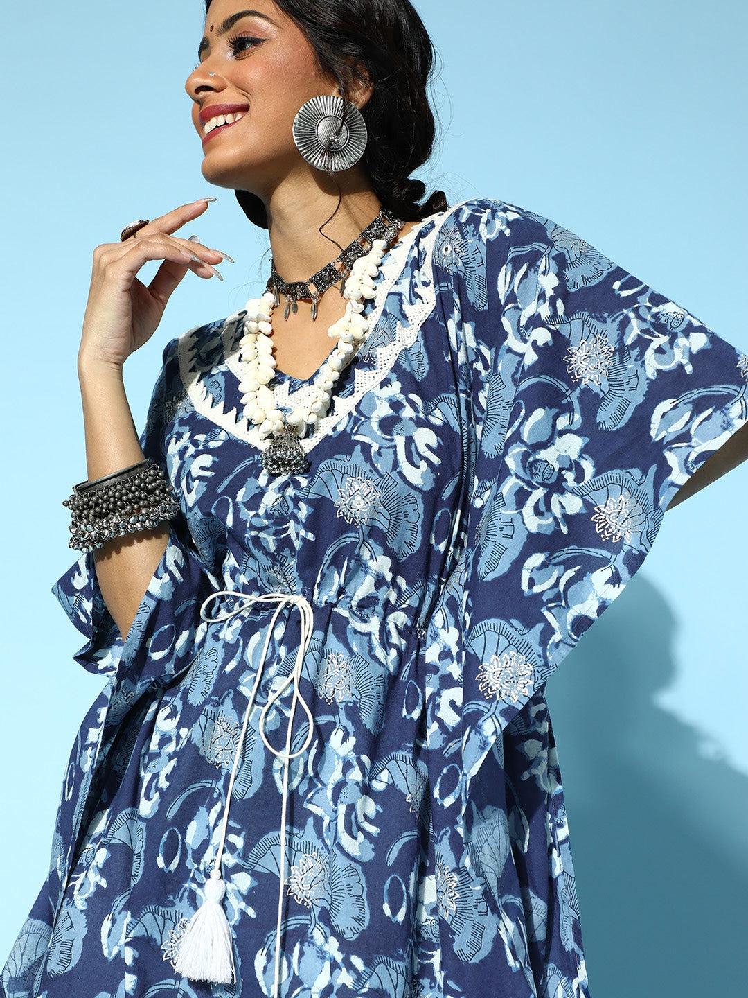 blue-printed-caftan-kurta-10121200BL, Women Indian Ethnic Clothing, Cotton Kaftan