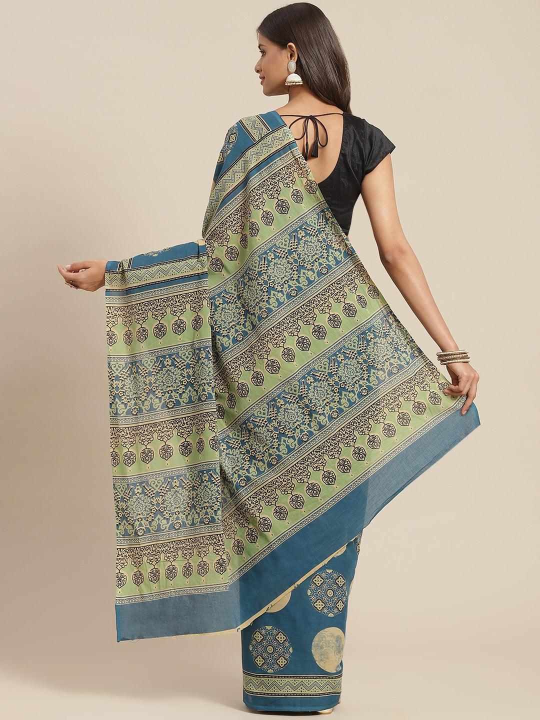 blue-printed-saree-10122058BL, Women Indian Ethnic Clothing, Cotton Saree