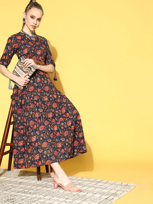 blue-printed-tiered-dress-with-tie-up-sleeves-10804004BL, Women Clothing, Cotton Dress