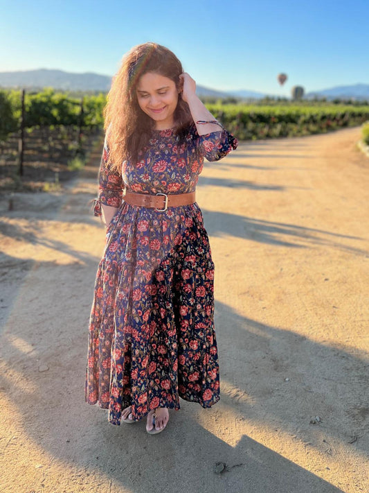 Blue Printed Tiered Dress With Tie Up Sleeves