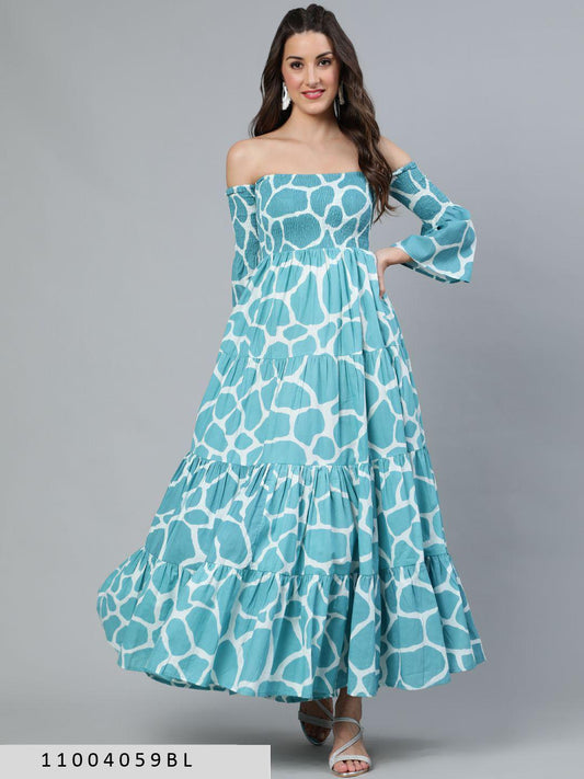 blue-white-animal-printed-off-shoulder-tiered-dress-11004059BL, Women Clothing, Cotton Dress