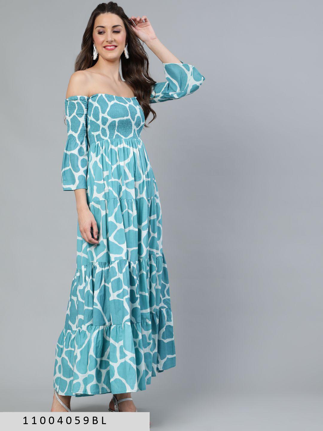 blue-white-animal-printed-off-shoulder-tiered-dress-11004059BL, Women Clothing, Cotton Dress