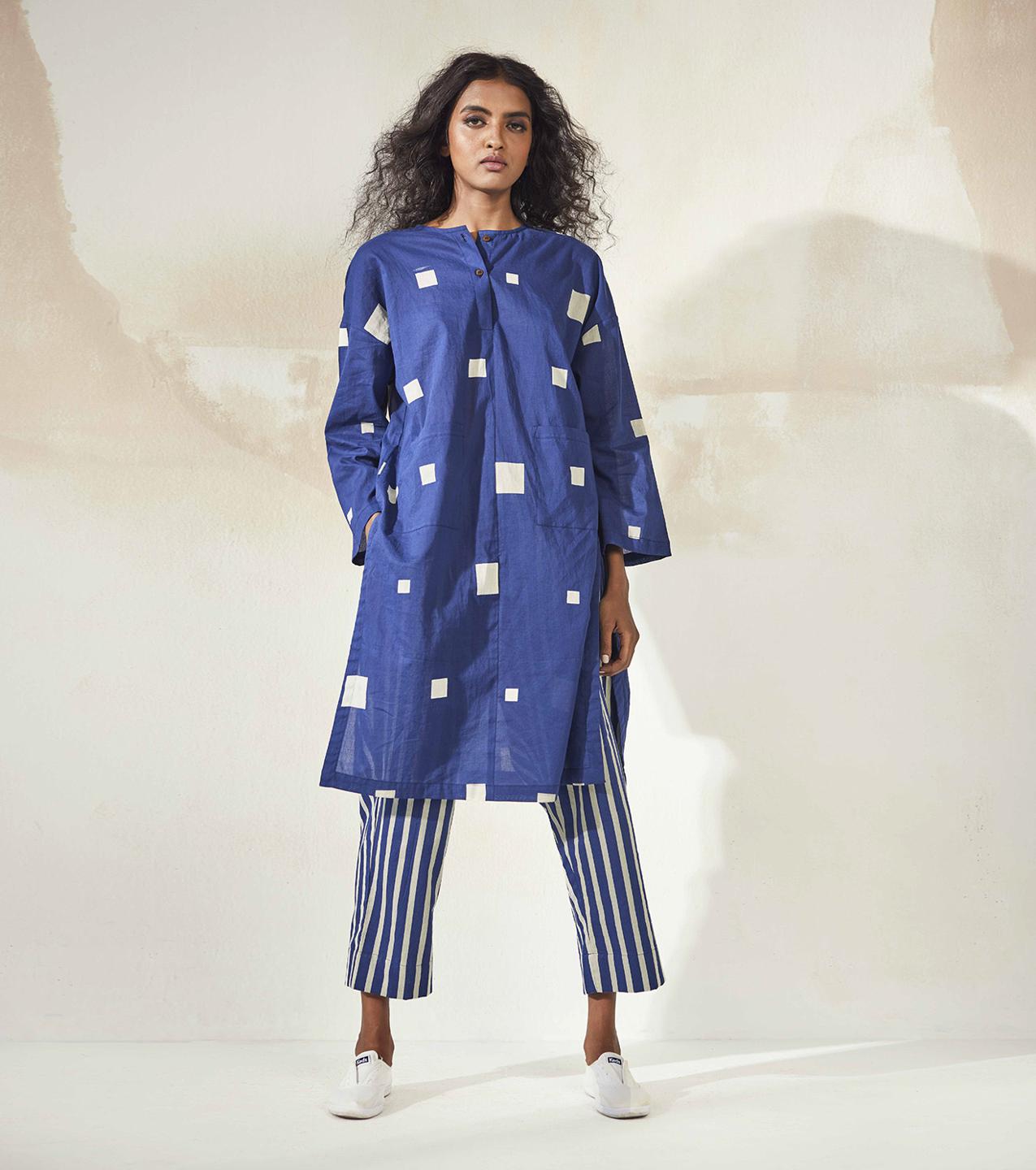 blue-white-printed-mulmul-tunic-striped-trouser-co-ord-set-11940082BL, Women Clothing, Mulmul Matching Set