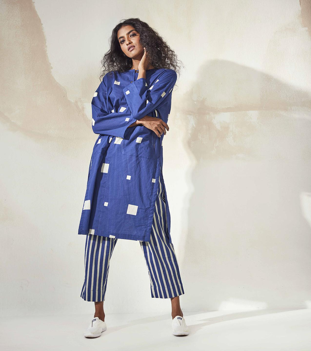 blue-white-printed-mulmul-tunic-striped-trouser-co-ord-set-11940082BL, Women Clothing, Mulmul Matching Set