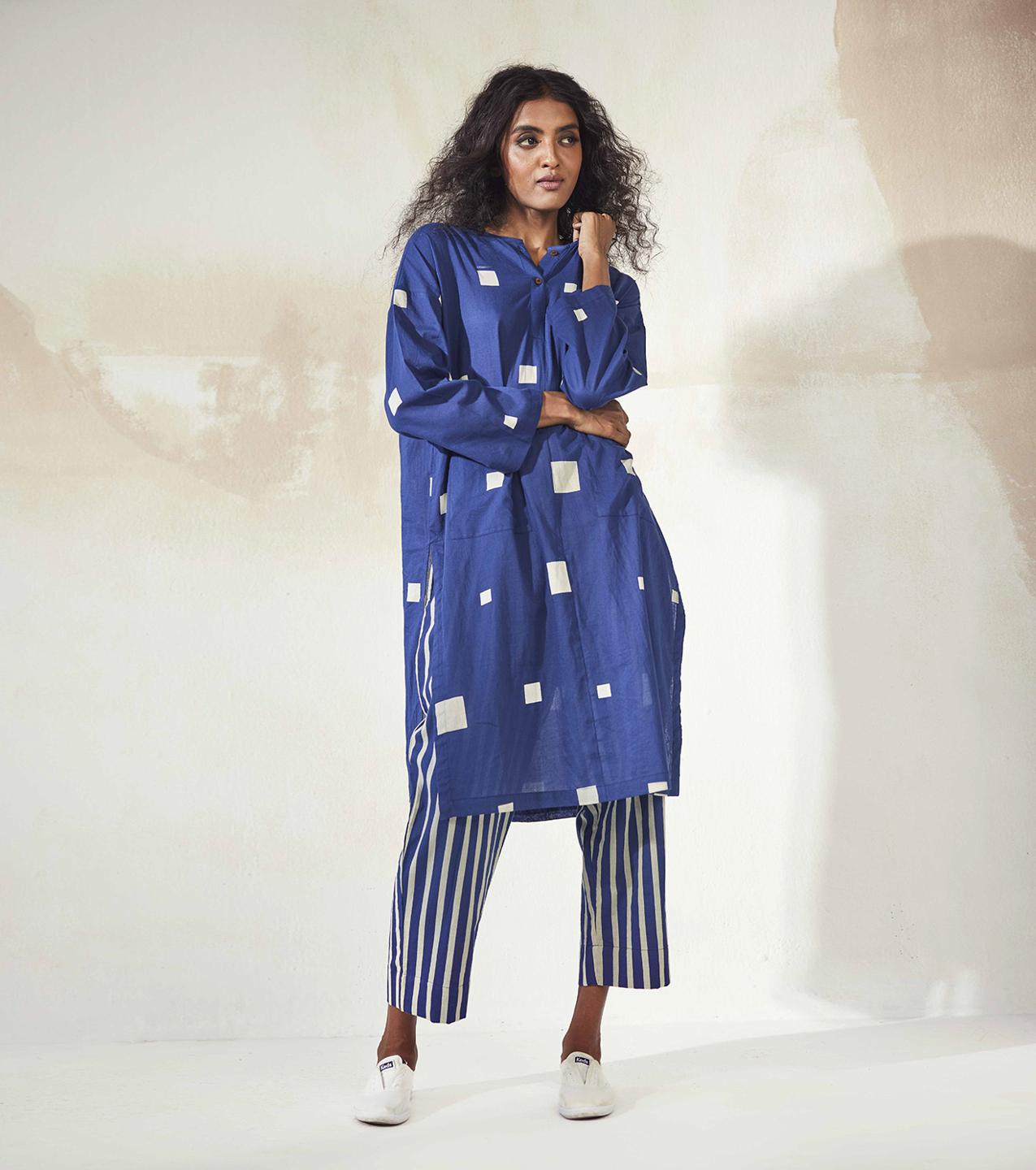 blue-white-printed-mulmul-tunic-striped-trouser-co-ord-set-11940082BL, Women Clothing, Mulmul Matching Set
