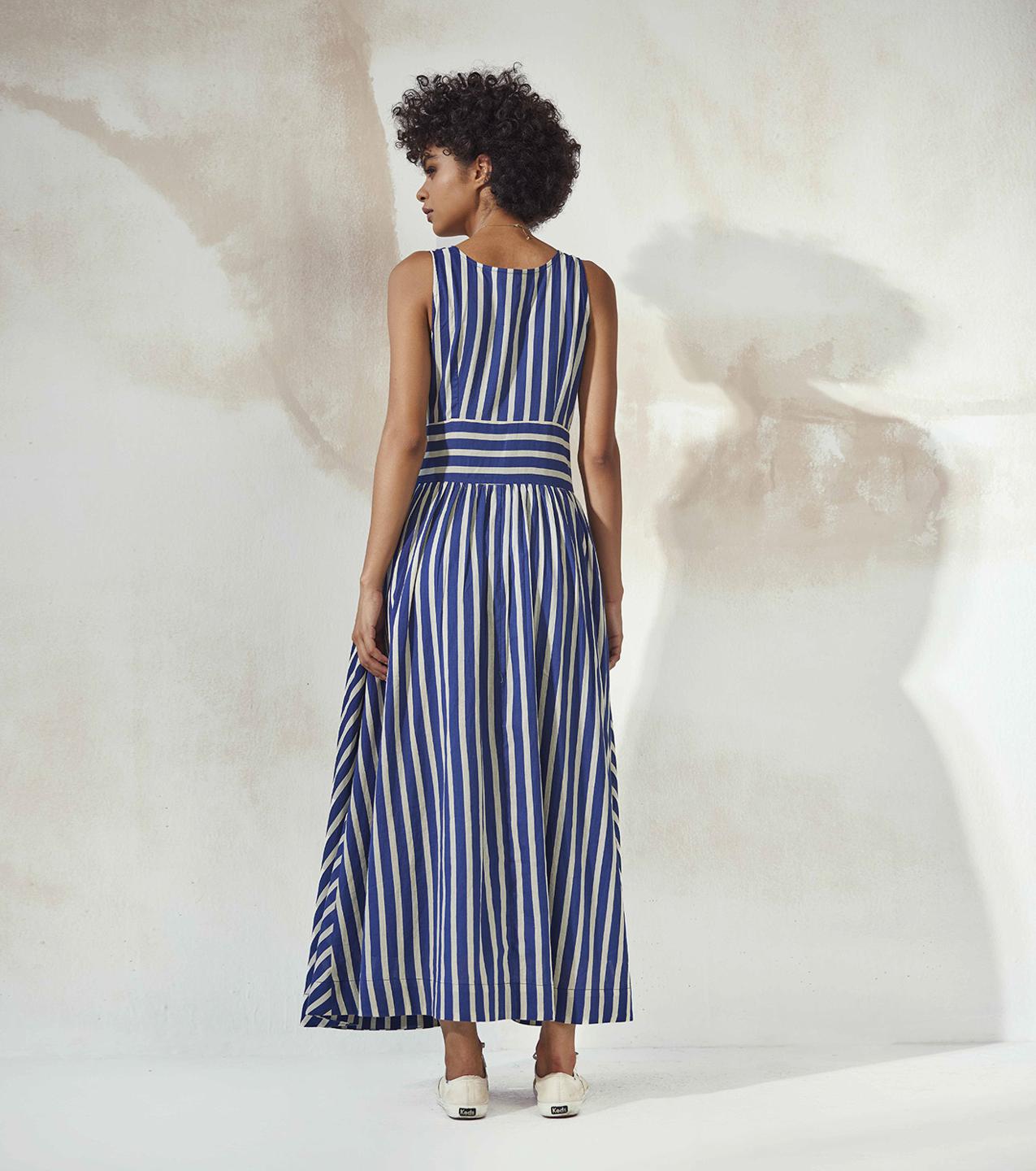 blue-white-stripe-fit-flare-summer-dress-11904083BL, Women Clothing, Mulmul Dress