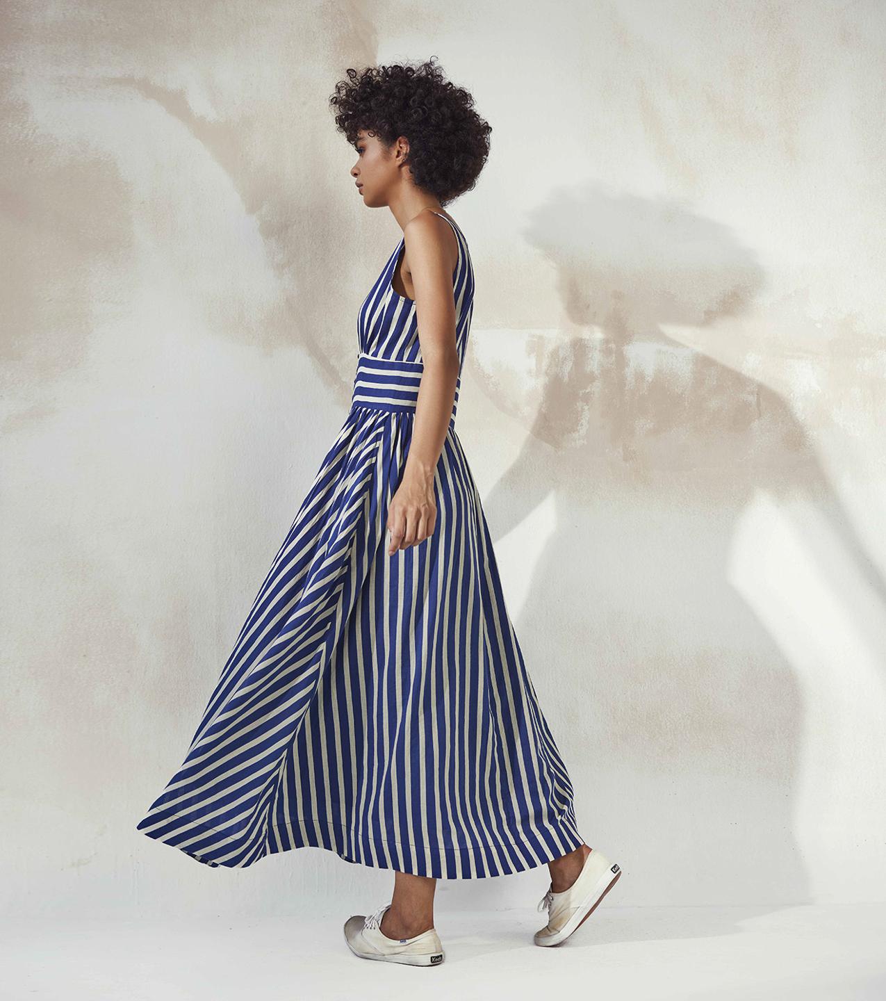 blue-white-stripe-fit-flare-summer-dress-11904083BL, Women Clothing, Mulmul Dress