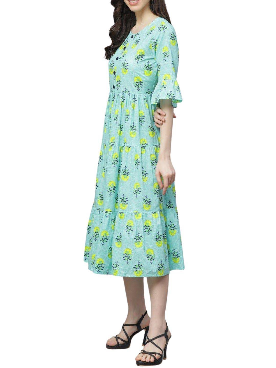 blue-yellow-floral-printed-tiered-a-line-dress-10204109BL, Women Clothing, Cotton Dress