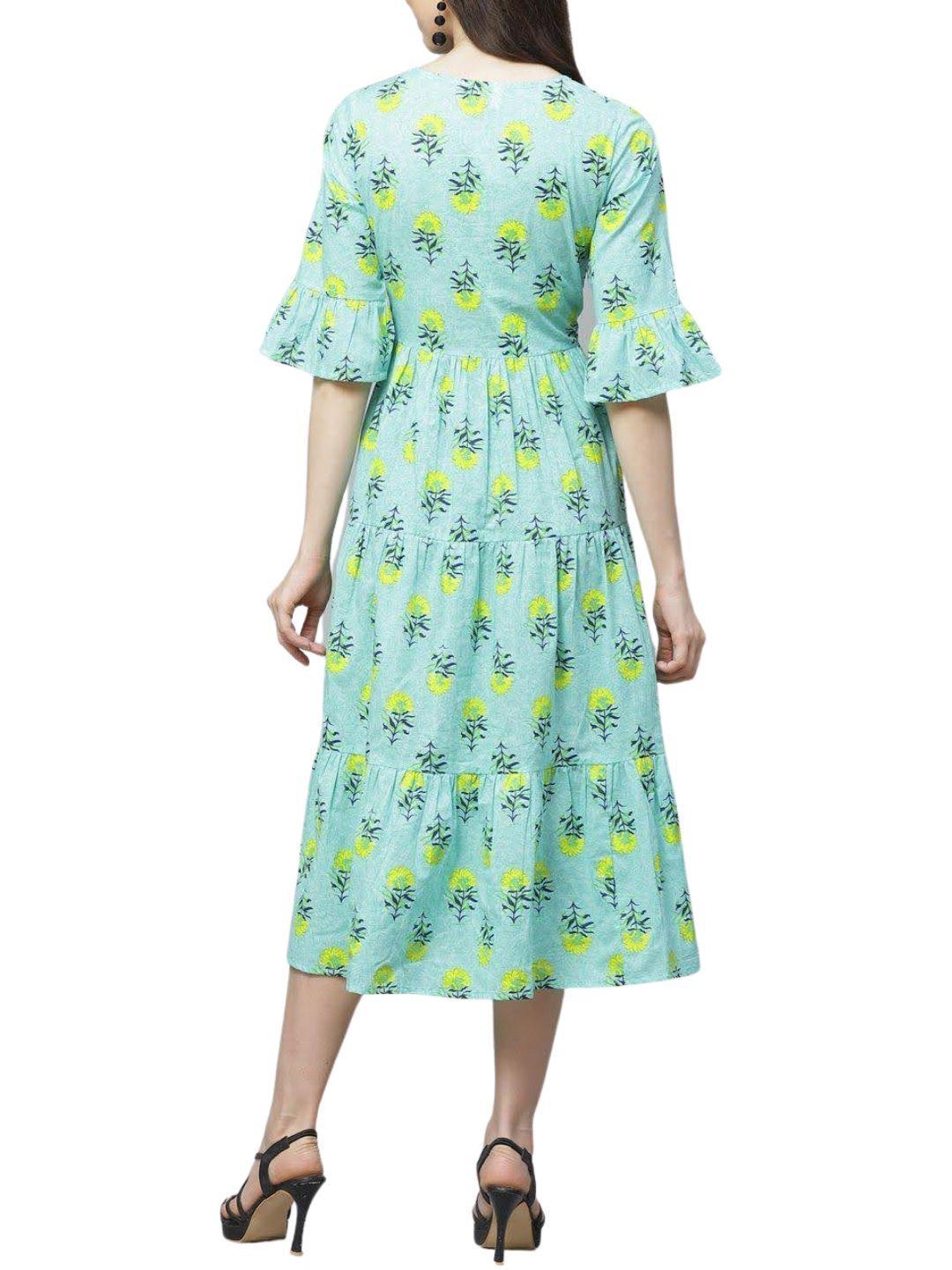blue-yellow-floral-printed-tiered-a-line-dress-10204109BL, Women Clothing, Cotton Dress
