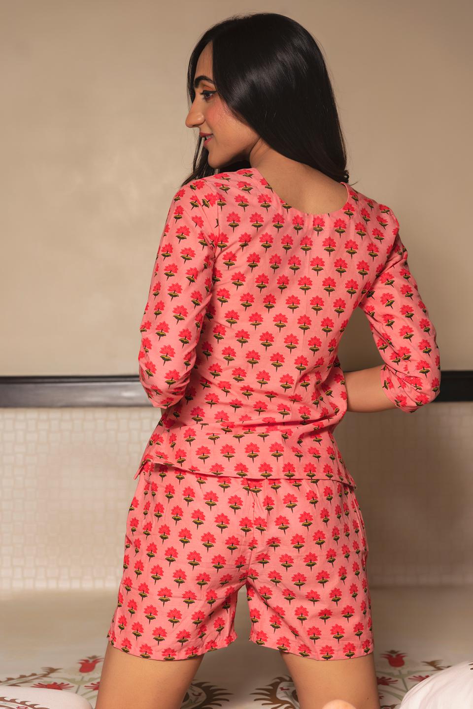 blushing-peach-hand-block-cotton-night-set-11436010PC, Women Indian Ethnic Clothing, Cotton Sleep Set