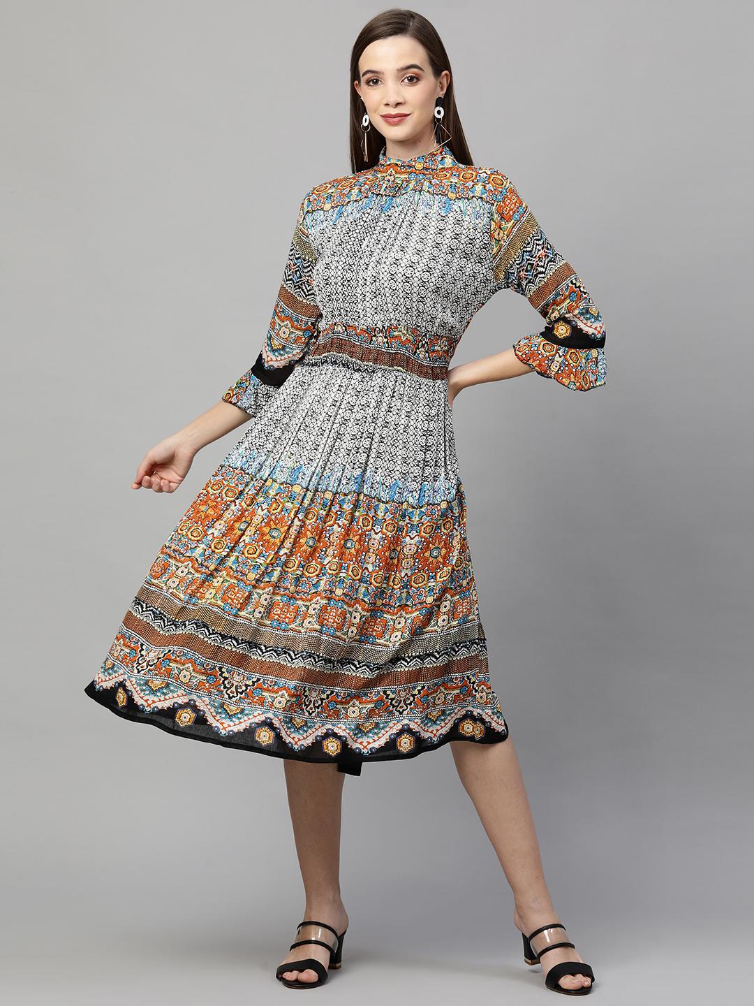 bohemian-printed-smocked-maxi-dress-10304013ML, Women Clothing, Rayon Dress