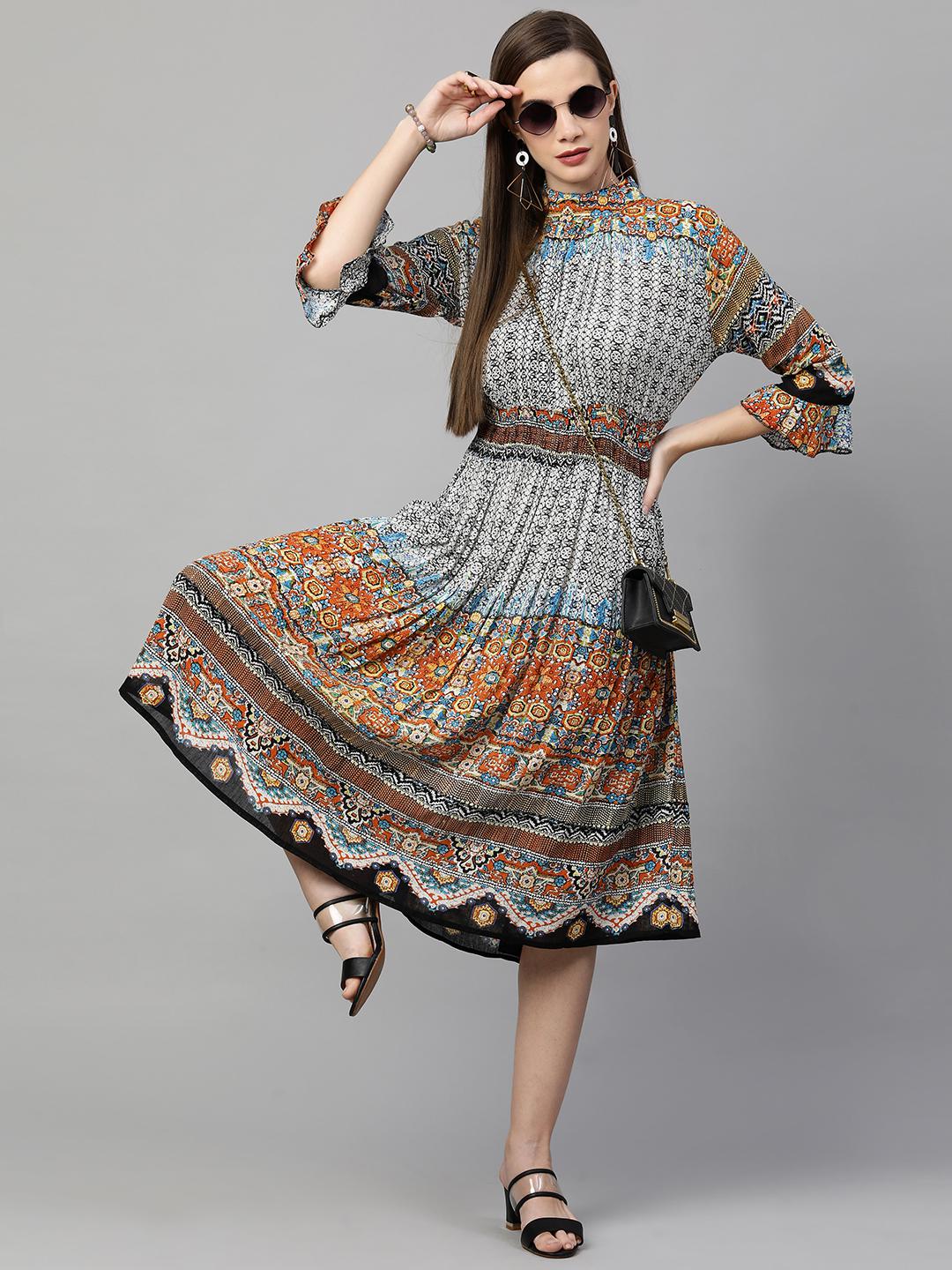 bohemian-printed-smocked-maxi-dress-10304013ML, Women Clothing, Rayon Dress