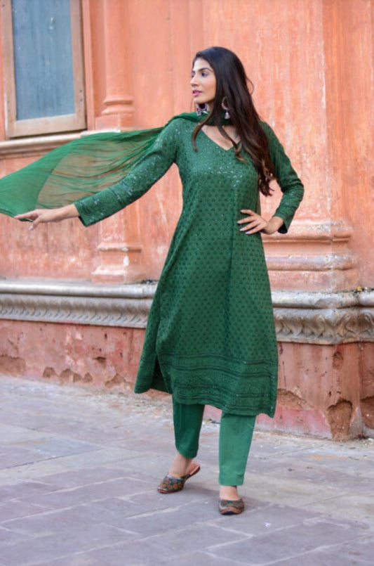 bottle-green-chikankari-suit-11603023GR, Women Indian Ethnic Clothing, Chikankari Kurta Set Dupatta