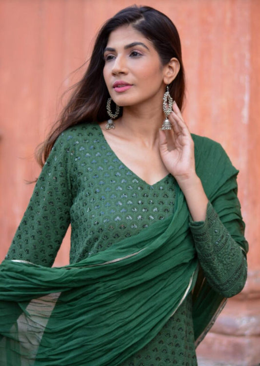 bottle-green-chikankari-suit-11603023GR, Women Indian Ethnic Clothing, Chikankari Kurta Set Dupatta