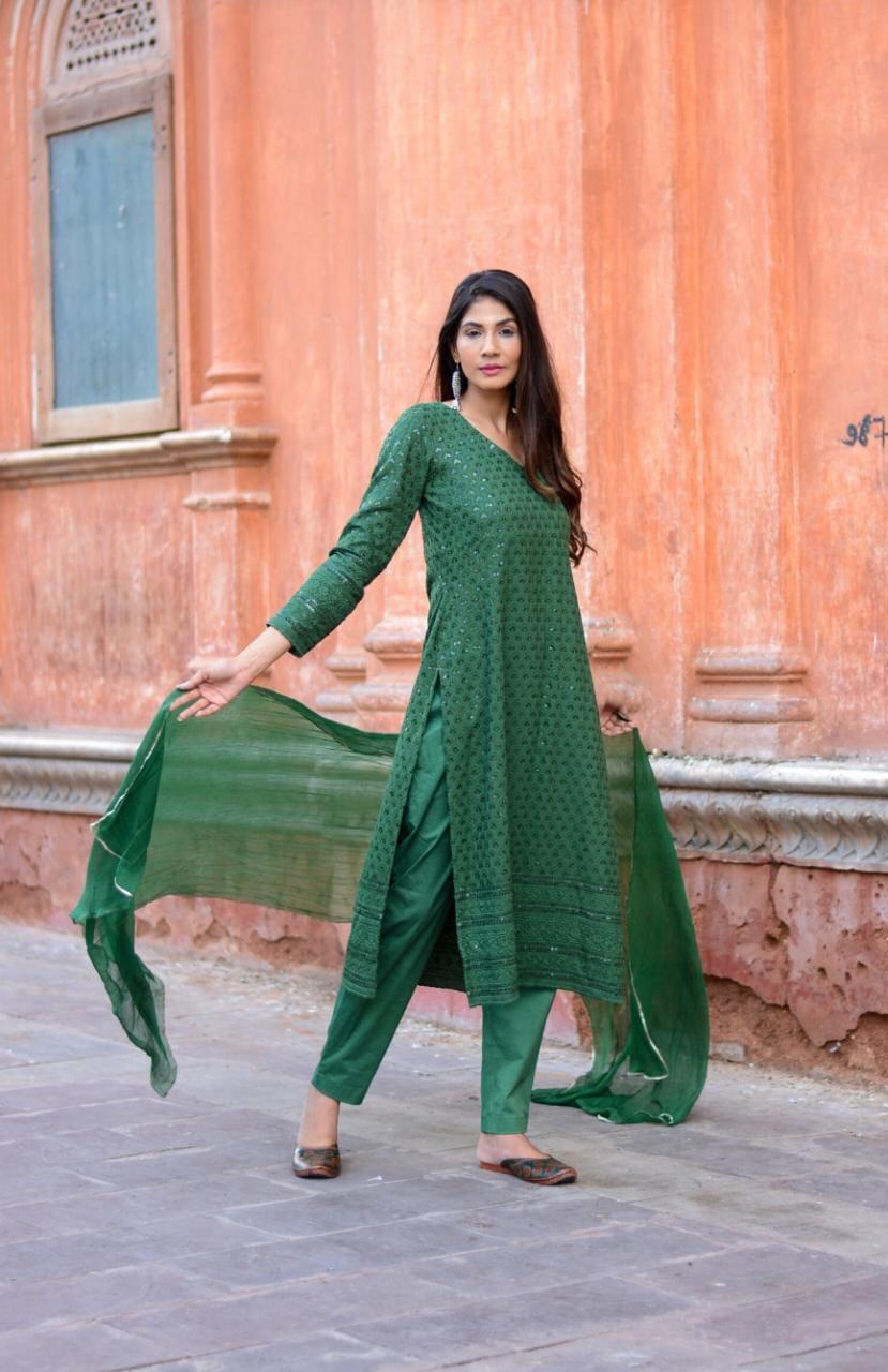 bottle-green-chikankari-suit-11603023GR, Women Indian Ethnic Clothing, Chikankari Kurta Set Dupatta