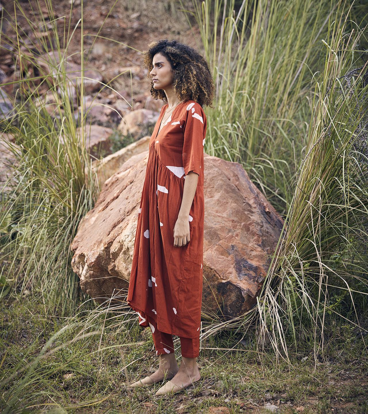 brick-red-printed-cotton-dress-and-trouser-co-ord-set-11940048RD, Women Clothing, Cotton Matching Set
