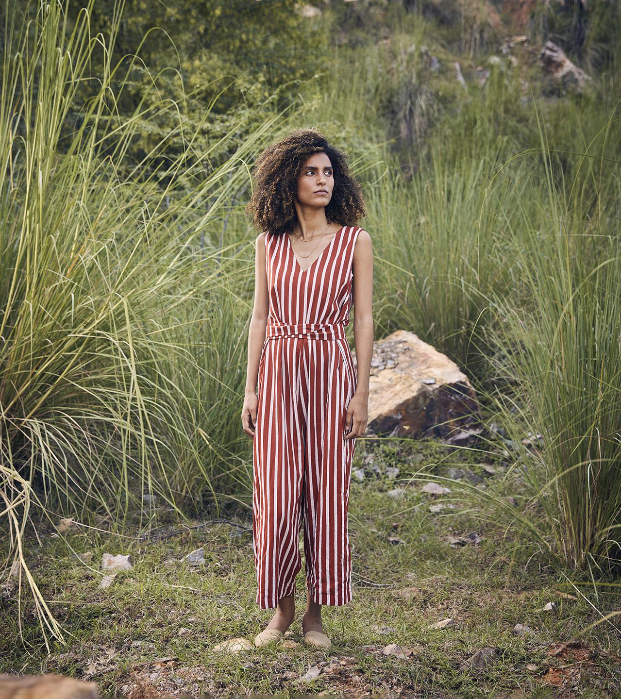 brick-red-white-striped-sleeveless-cotton-jumpsuit-11924050RD, Women Clothing, Cotton Jumpsuit